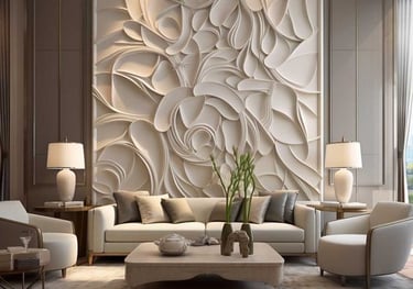 a living room with a couch and a large wall mural