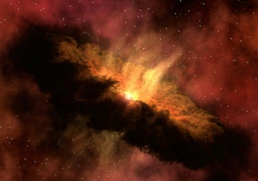 a cloud of gas in space with a bright red glow coming from the center
