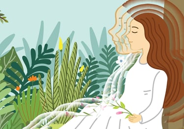 Animation of woman sitting nature emanating waves of being