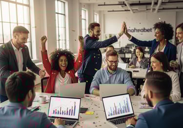 Business owners celebrating success after implementing AI and automation with Vision2Venture.