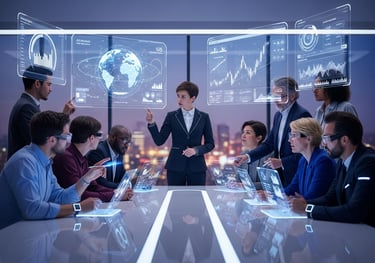 DNY Enterprises leading a futuristic business strategy session for growth and innovation.