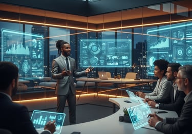 Entrepreneur working with tech consultant to modernize business systems using AI and immersive media