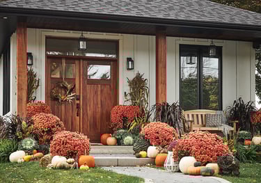 Seasonal decorations example of pumpkins by the front door and shaped bushes around