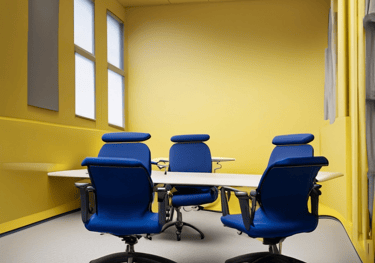 a conference room with blue chairs and a table