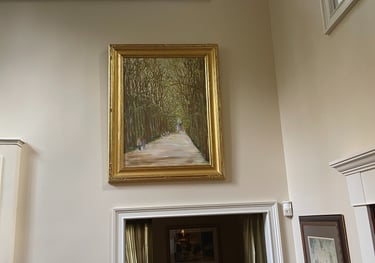 a painting of the road that leads to chenonceau castle in france