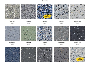 Flake epoxy garage flooring, colored chip blends, and high non-slip industrial floor solutions.