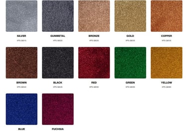 Glitter epoxy color chart, showing fine metallic and iridescent glitters for adding a lux sparkle to clear or colored coating