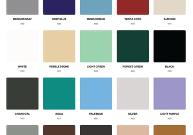 Solid color epoxy pigments chart displaying a standart, high-durability tones for clean, minimalist