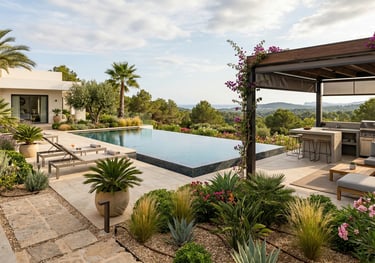 Luxury villa terrace with an infinity pool, outdoor kitchen, and scenic Mediterranean views.