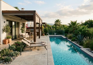 Luxury modern villa with a long swimming pool, wooden pergola, and lounge chairs surrounded by tropical gardens.