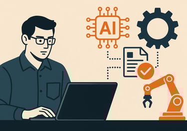 a man sitting at a table with a laptop and a robot