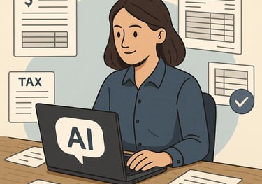 a woman sitting at a desk with a laptop and a laptop