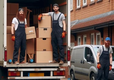 3 man and a van removal crew packing a large van with boxes