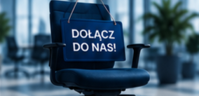 A blue office chair with a Dołącz do nas join us sign in a modern workspace.