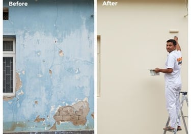 Before and after home exterior painting showing a professional painter repairing cracked walls.