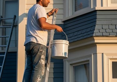 Professional house painter on a ladder holding a bucket while painting home exterior siding.