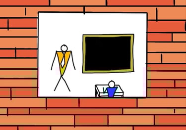 cartoon school teacher student brick wall drawing