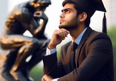 A graduate contemplating his future simulating Rodin's Thinker-MS365 Designer