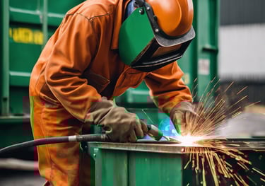 a man in a helmet and welding helmet welding a piece of metal