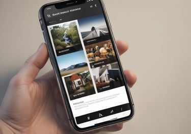 A hand holding a smartphone displaying a webpage titled 'Creating a Brand' with navigation options like Home, Discovery, Members, and Topics. The background is out of focus, providing a neutral setting.