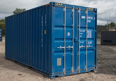 A blue one trip high cube shipping container