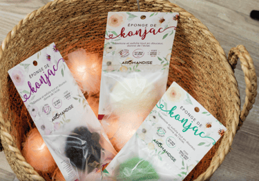 Éponge de konjac Aromandise, packaging conçu par Marion Guizzardi, directrice artistique, Montpellier.