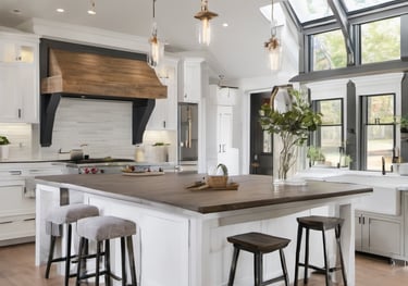 Mordern kitchen with a large island and a wooden table, Home renovation in the GTA