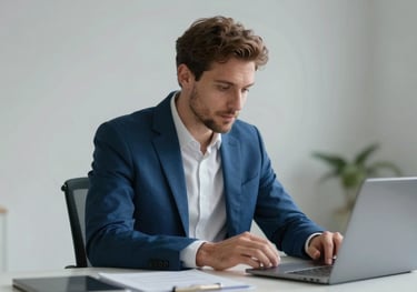 A professional man in a focused International / Global business setting, wearing a steel blue suit, working at a clean minimalist desk.