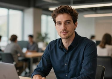 A professional male professional in a modern International / Global co-working space, wearing a dark navy blue shirt, soft natural lighting.