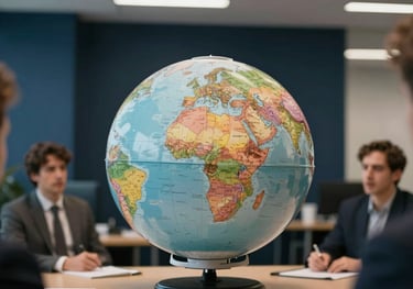 A close-up of a strategy brainstorming session in an International / Global office with dark navy blue accents on the walls.