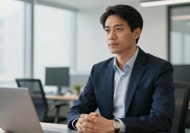 A professional male strategist in a bright International / Global office setting, wearing professional attire with dark navy blue accents.