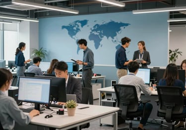A bright International / Global agency workspace with people collaborating in the background, steel blue and muted light blue decor.