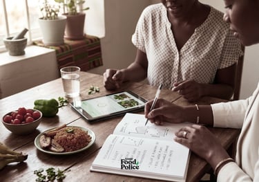 Nutritionist creating a personalized meal plan for a client using a tablet and notebook.