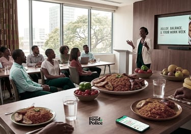 Professional woman leads a corporate wellness presentation on healthy eating and Jollof rice nutrition for employees.