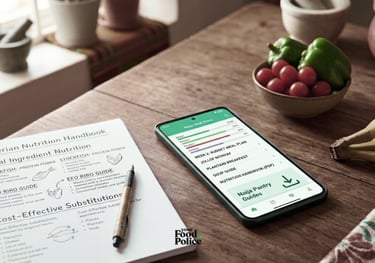 A smartphone showing a Nigerian meal plan app next to a printed nutrition handbook and fresh vegetables.