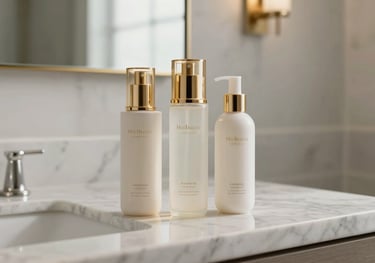 Sophisticated skincare bottles with gold accents standing on a marble vanity in a bright, modern North American / Californian bathroom, luxury aesthetic.