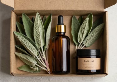 Top-down view of a curated wellness box containing organic items, sage leaves, and a gold-capped bottle, arranged on an off-white textured surface.