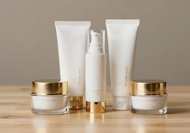 Elegant white and gold skincare packaging arranged artistically on a light wood surface, reflecting a sophisticated and clean aesthetic.