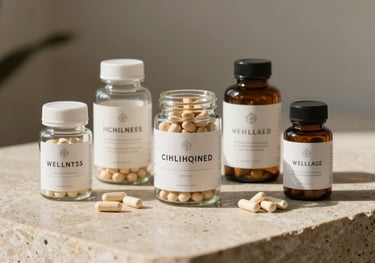 A minimalist arrangement of high-end wellness supplements in glass jars on a limestone surface, bathed in bright, warm North American / Californian morning light.