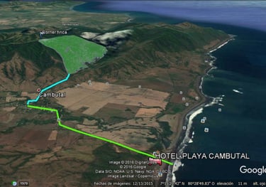 Satellite view of Cambutal, Panama showing Hotel Playa Cambutal and coastal terrain.