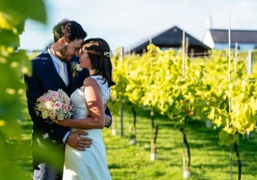 a bride and groom kissing in a vineyard