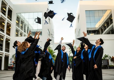 a group of graduates in black and blue caps and gowns