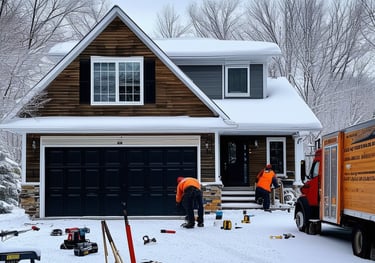a garage door being repaired, snow conditions