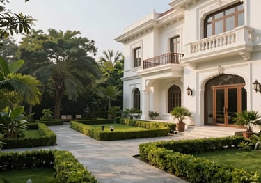 Stunning garden courtyard of a premium villa estate in Gurgaon under pristine morning light. Rich stone pathways framed by manicured greenery in deep forest green and soft white building facades. Elegant and authoritative wealth feel, South Asian / Indian context.