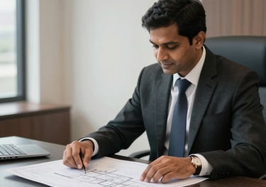 An executive wealth advisor in formal attire sitting across a polished dark charcoal table in a luxury Gurgaon corporate office, presenting a real estate architectural blueprint. Professional, high-trust, South Asian / Indian context, soft professional studio lighting.