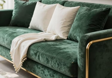 Close-up photography of a luxury modern living room in Gurgaon, styled with deep forest green and soft white textiles, gold decorative elements, and high-end South Asian / Indian modern decor. Elegant, bright natural lighting, wealth-focused atmosphere.
