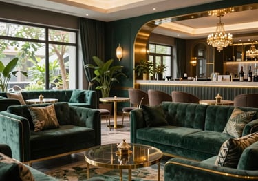 Stunning interior of an elite private residential clubhouse in Gurgaon, decorated in a sophisticated palette of deep forest green, dark charcoal, and brilliant gold. Luxurious, comfortable lounge seating, wealth advisory lifestyle, South Asian / Indian setting.