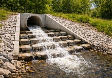 Dissipador de energia em concreto na saída de bueiro tubular, com degraus estruturais