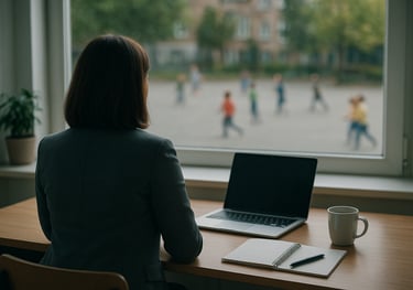 Schooldirecteur staart uit het raam, in gedachten over morele dilemma’s in onderwijs