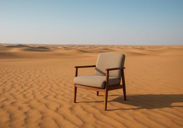 Een eenzame stoel in een woestijn, symbool voor de bezinnende momenten van moreel leiderschap.